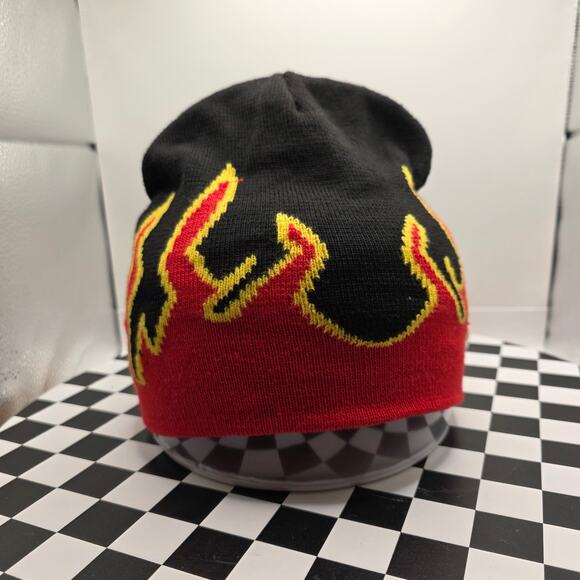 Other Other - Vintage Style Flame Print Beanie Hat Black Red Yellow Y2K Skater Unbranded